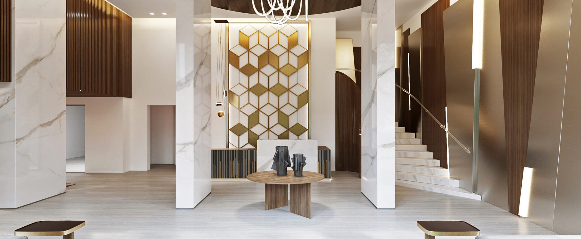 A luxurious and modern The Corinthian Condo lobby featuring majestic marble pillars, dark wood panels, and a striking modern chandelier. The background wall is adorned with a geometric gold pattern, adding depth and texture. In the center, a wooden table with decorative figures enhances the sophisticated ambiance. The space is well-lit with ceiling lights, and the overall design exudes elegance and grandeur.