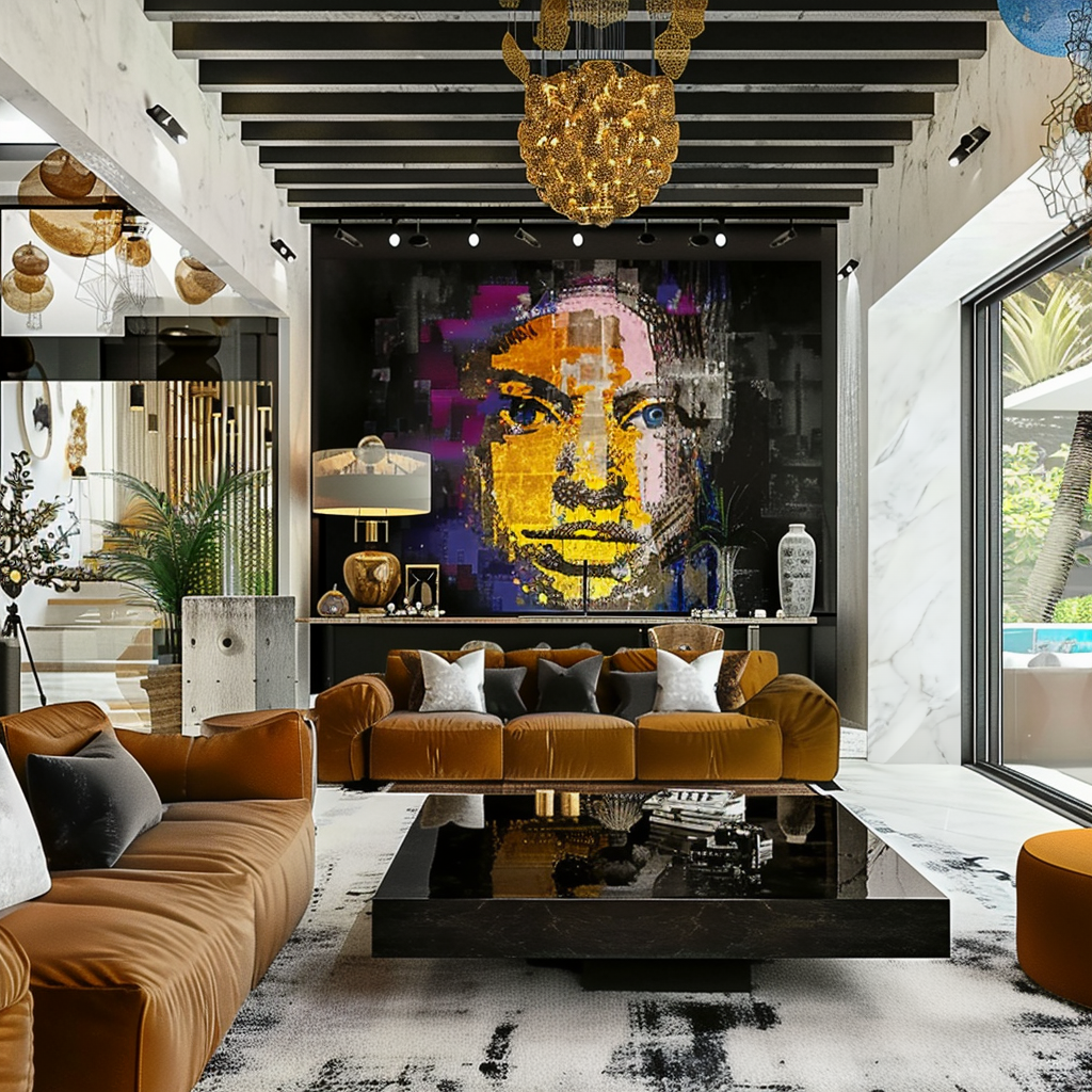 This image features a modern living room with a striking, large-scale portrait on the back wall. The portrait uses bold, patchwork colors like purple, yellow, and black to create a mosaic effect. The room has a luxurious feel, highlighted by a plush caramel-colored leather sofa, matching armchairs, and circular orange ottomans. The floors are dark, contrasting with a large, textured black and white area rug. The space is accessorized with various elegant decor items including vases, sculptures, and a grand chandelier made of golden orbs, complemented by natural elements like potted plants. The room opens to an outdoor area, adding a bright, airy feel.